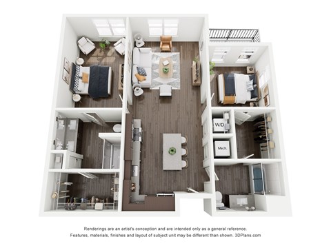 Floor plan for 2 beds, 2 baths, 1152 sqft